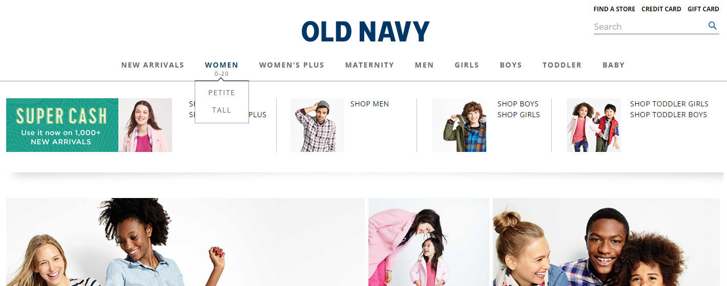Old Navyâ€™s header navigation links solely to categories and a handful of size types.