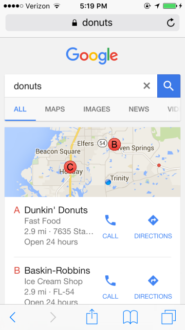 Google Local Mobile Search Results