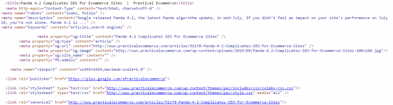 Example metadata from a recent Practical Ecommerce article.