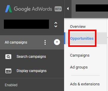 The Opportunities tab is more prominent in the new AdWords' interface.