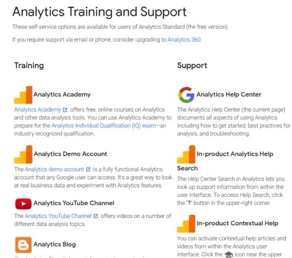Google's Analytics Training and Support page summarizes all learning and support resources.