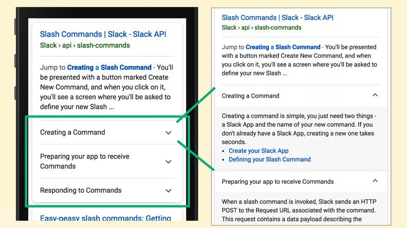 Two side-by-side smartphone screens, one showing rich results for a Slack how-to guide on slash commands, the other showing what the result looks like expanded.