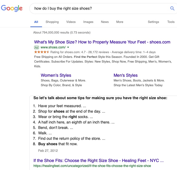 Addressing a question — such as “how do I buy the right shoe size?” — increases the chances of earning Google’s coveted Answer Boxes in position zero.