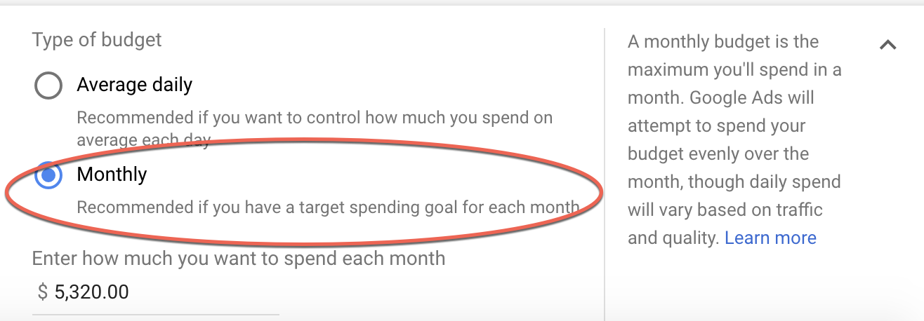 PPC monthly budget example
