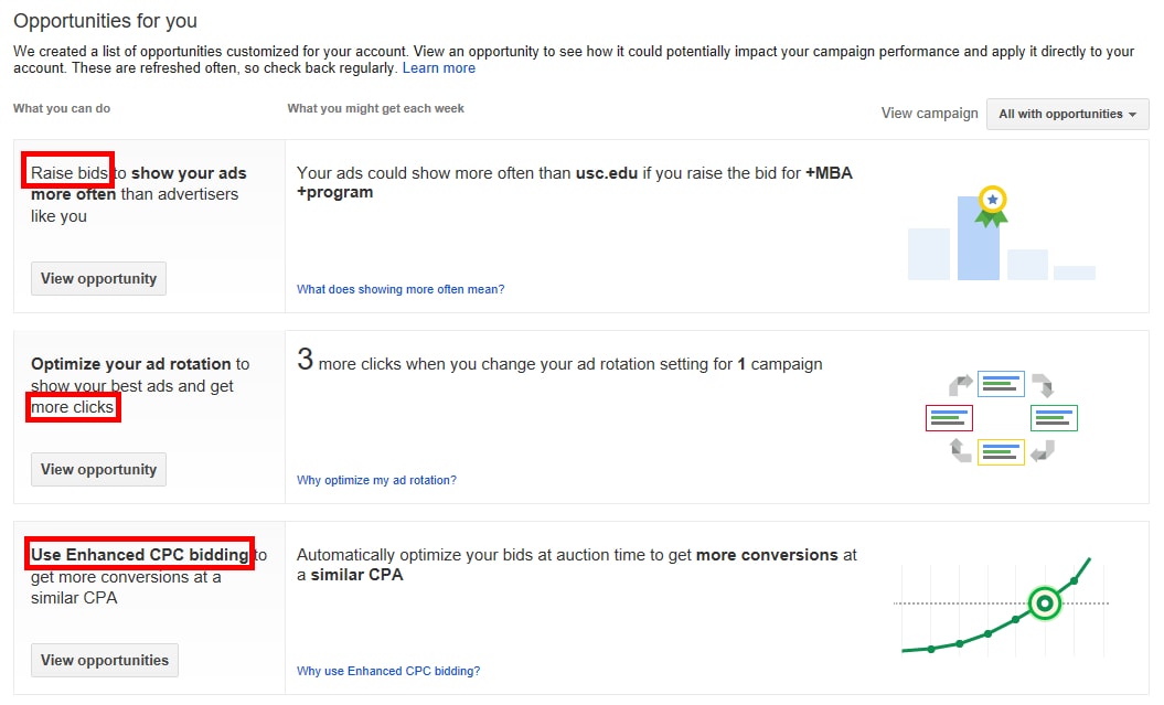 Opportunities, as shown in AdWords' previous interface.