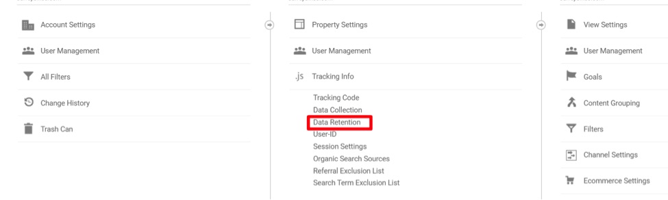 Google Analytics data retention settings are at Admin  Tracking Info  Data Retention.