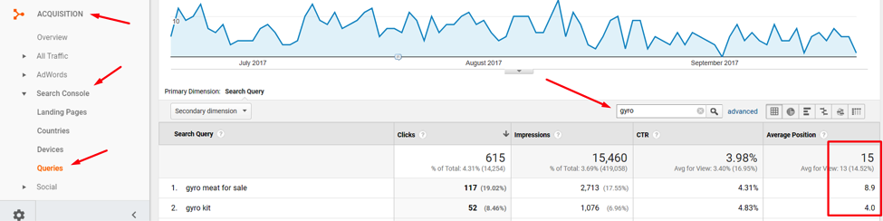 Entering “gyro” in the filter function identifies 615 clicks from search queries.