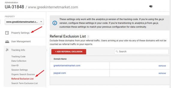 Set up a list of all domains that should not show up as referrals. Do this at Property Settings  Tracking Info  Referral Exclusion List. 