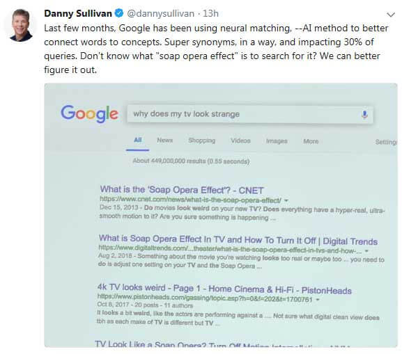 Screenshot of Danny Sullivan tweet on neural matching