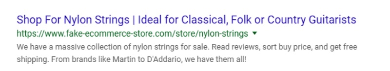 An ideal listing for nylon guitar strings appeals to the shopper and mitigates ambiguity. This hypothetical example includes variety, social proof, and a carrot of “free shipping.”