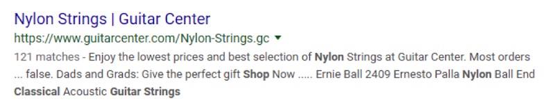 This listing from Guitar Center uses the category name for the title tag. The meta description is truncated, making it unclear where searchers would land.