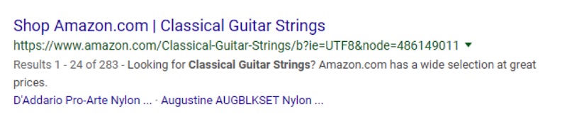 The listing from Amazon uses the word “shop” — an eye catcher for potential buyers — but it limits the audience to “classical guitar strings.”