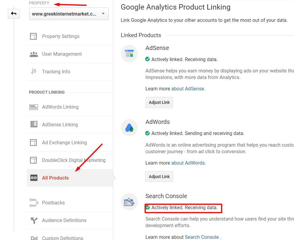 Ensure Search Console is linked by going to Admin  Property  All Products.