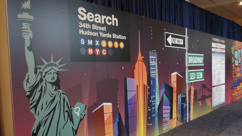 Image of the statue of liberty and other NYC landmarks at the SMX East show in New York City